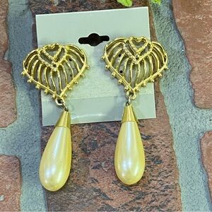 Vintage Gold Toned Long Faux Pearl Dangle Earrings